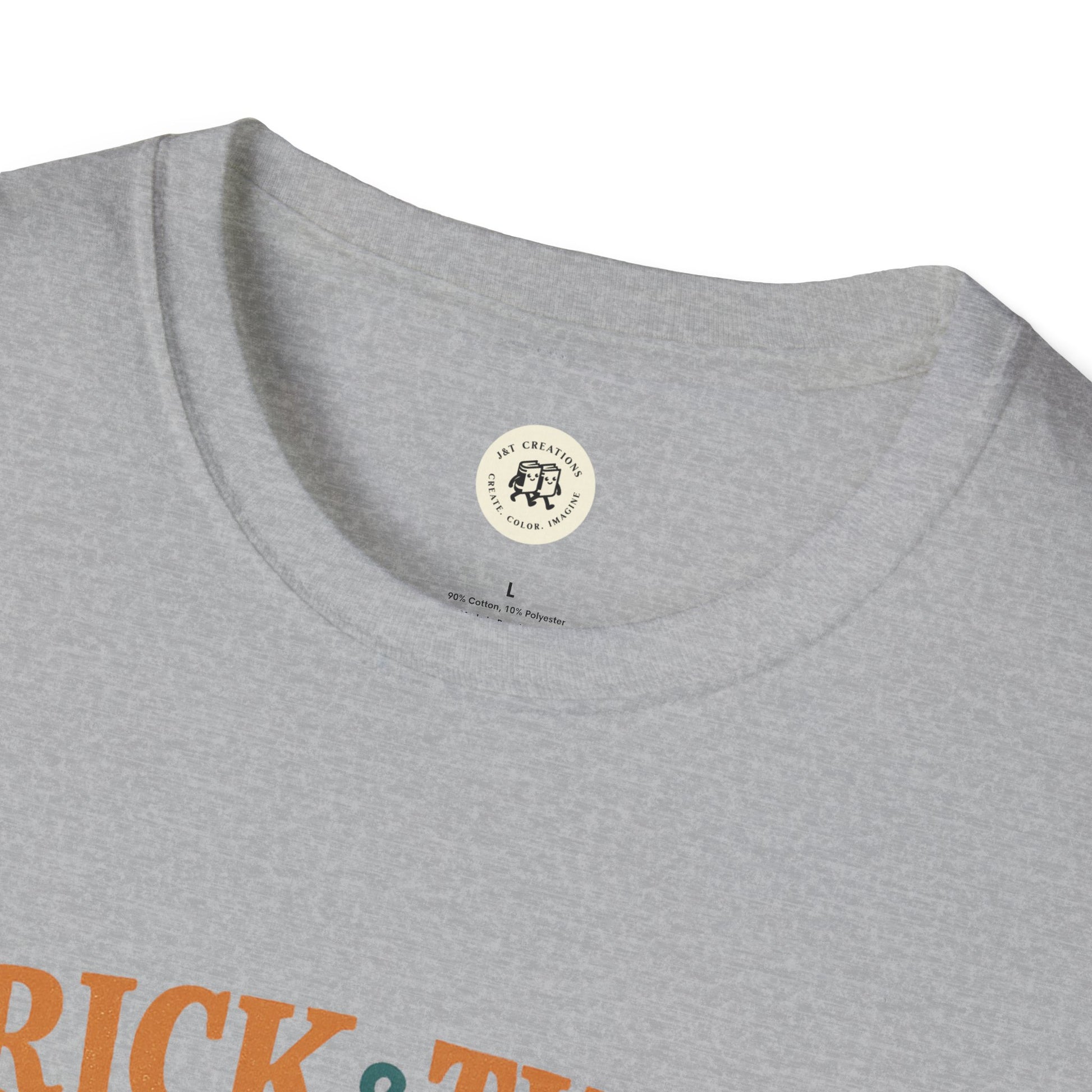 Printify gray crewneck Halloween graphic t-shirt close up of neckline and partial orange trick or treat design