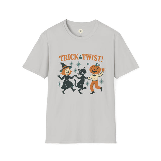 Printify light gray tee with vintage dancing witch black cat and pumpkin TRICK and TWIST design Halloween graphic t-shirt