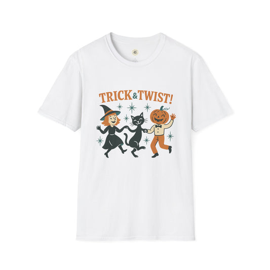 Printify white Halloween graphic t-shirt featuring vintage Trick and Twist design with dancing witch black cat and pumpkin head