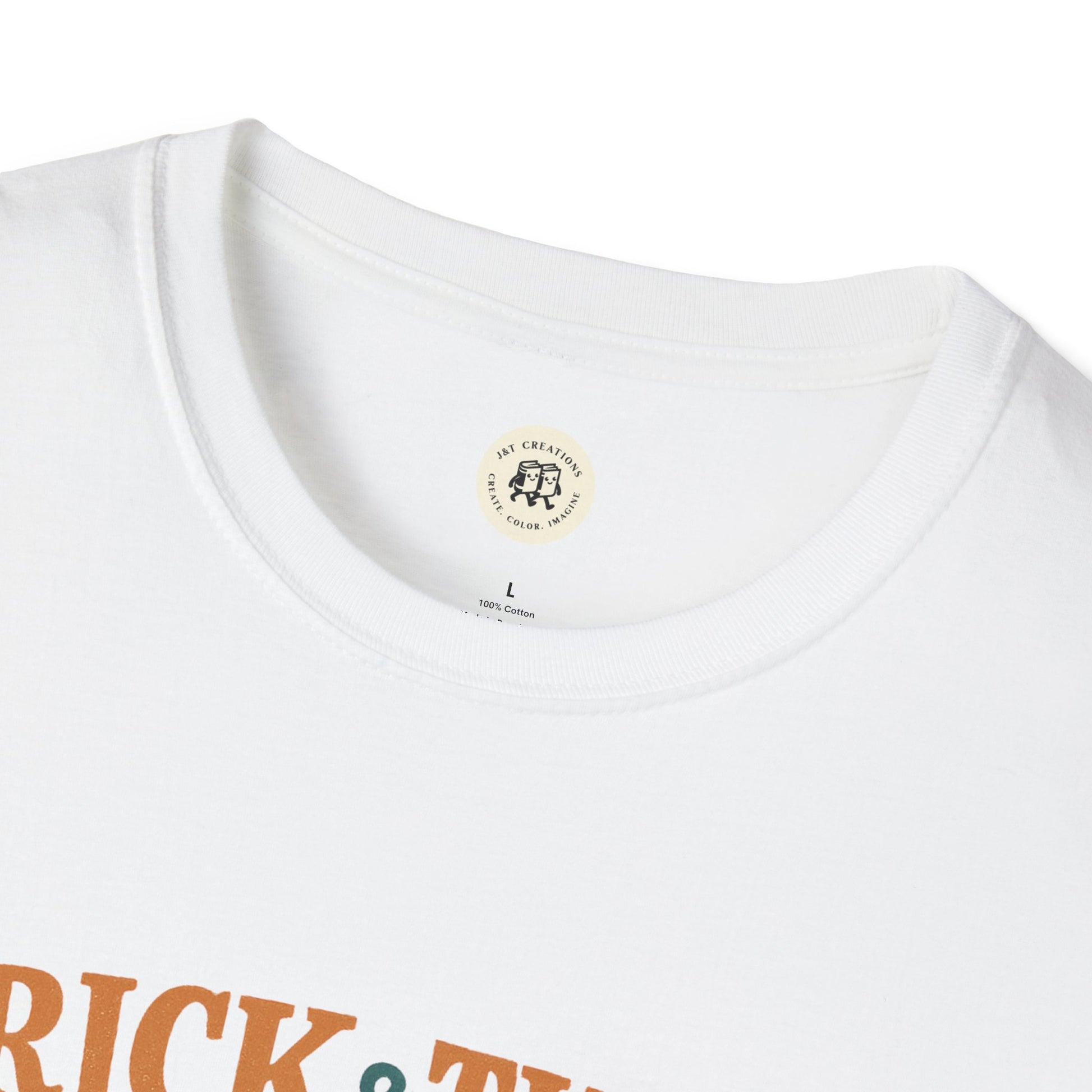 Printify white crewneck T Shirt close up showing collar and partial orange Halloween graphic t-shirt design