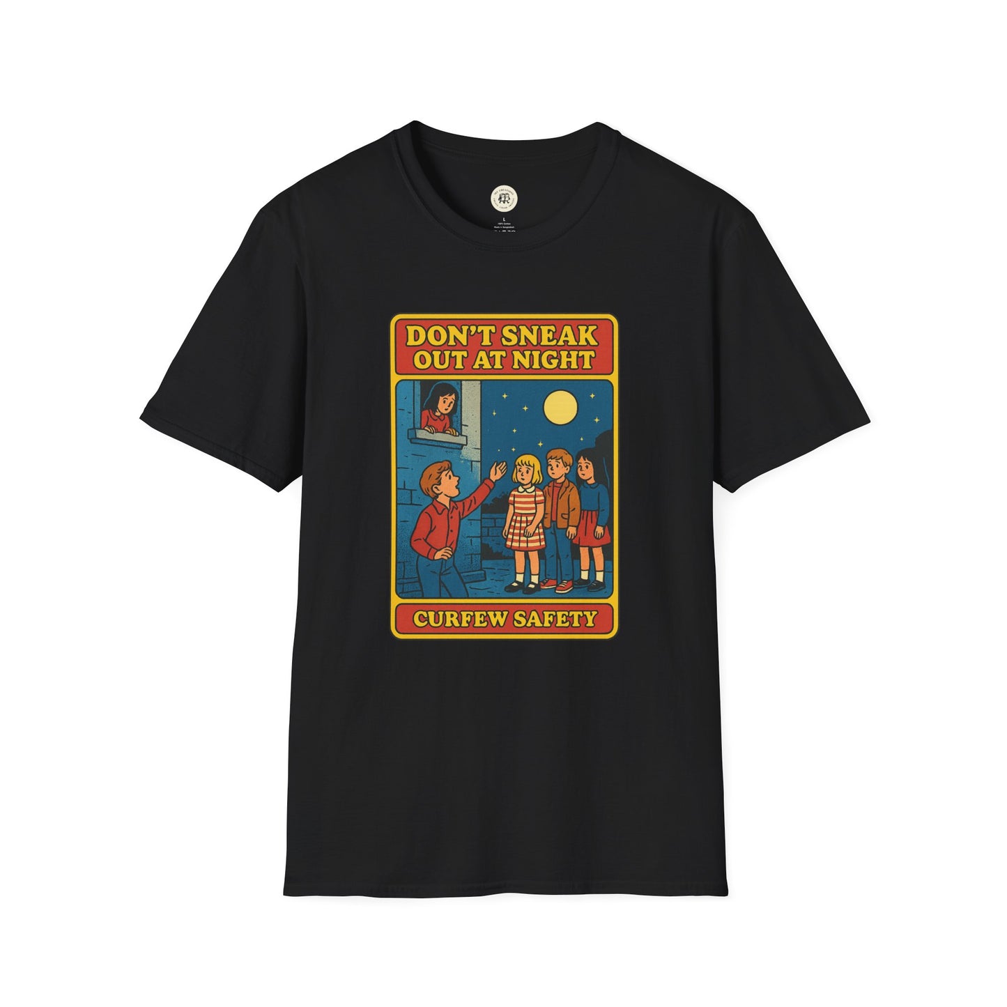 Black Romeo Juliet vintage t-shirt with colorful curfew safety comic-style graphic design