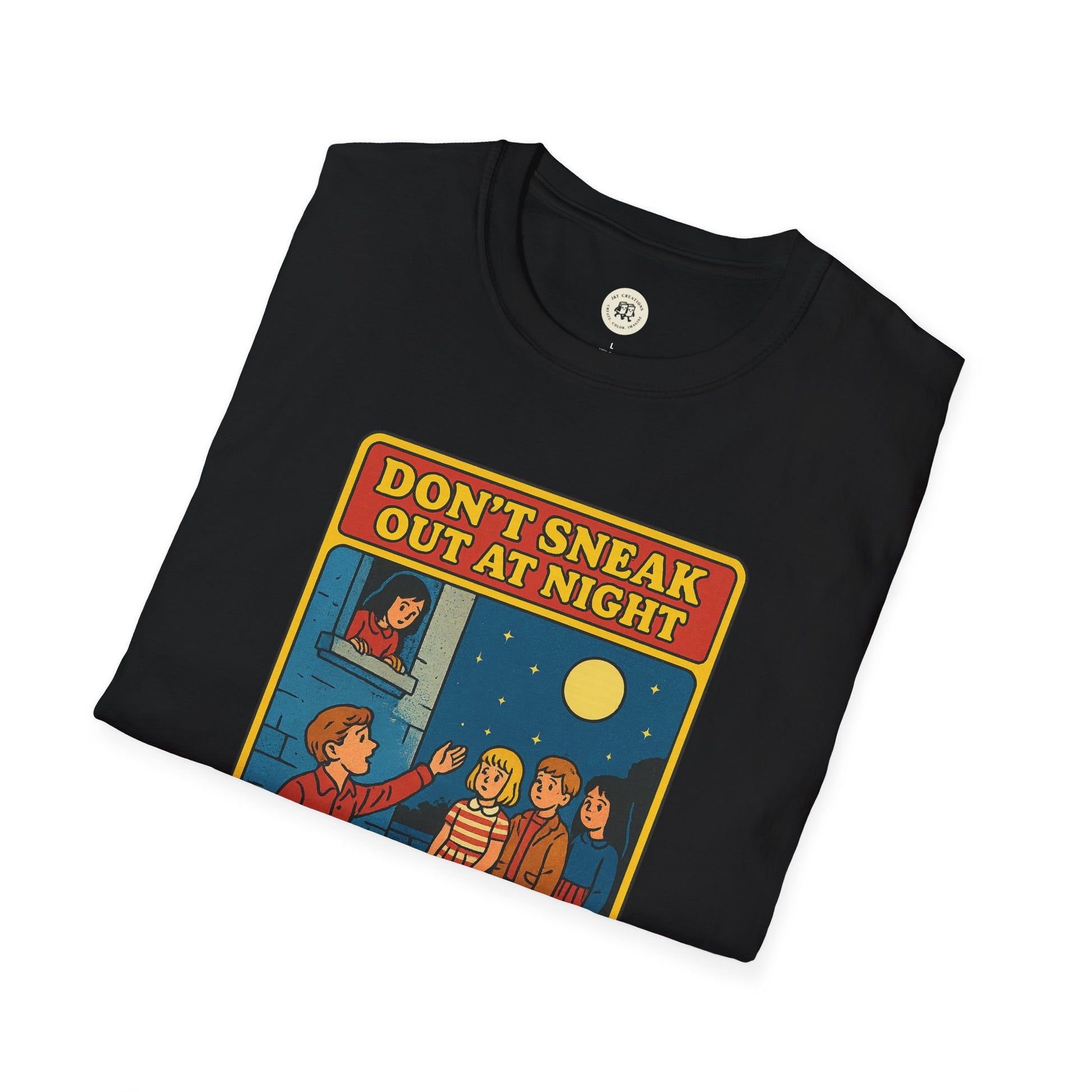 Black Printify Romeo Juliet vintage t-shirt with retro style cartoon and Dont sneak out at night text