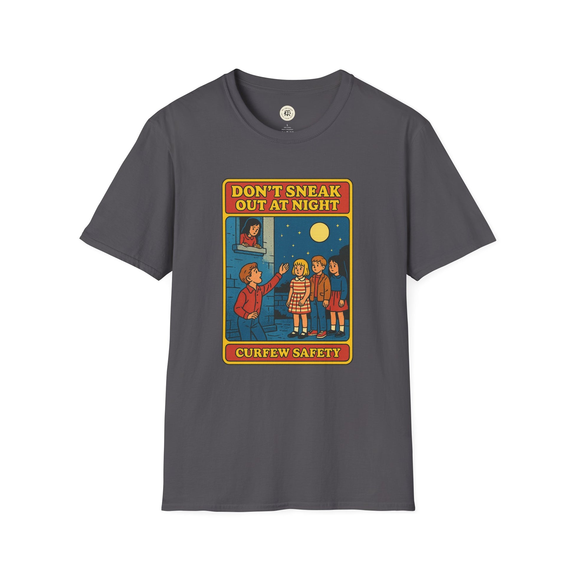 Romeo Juliet vintage t-shirt featuring a colorful curfew safety cartoon design on a gray Printify shirt