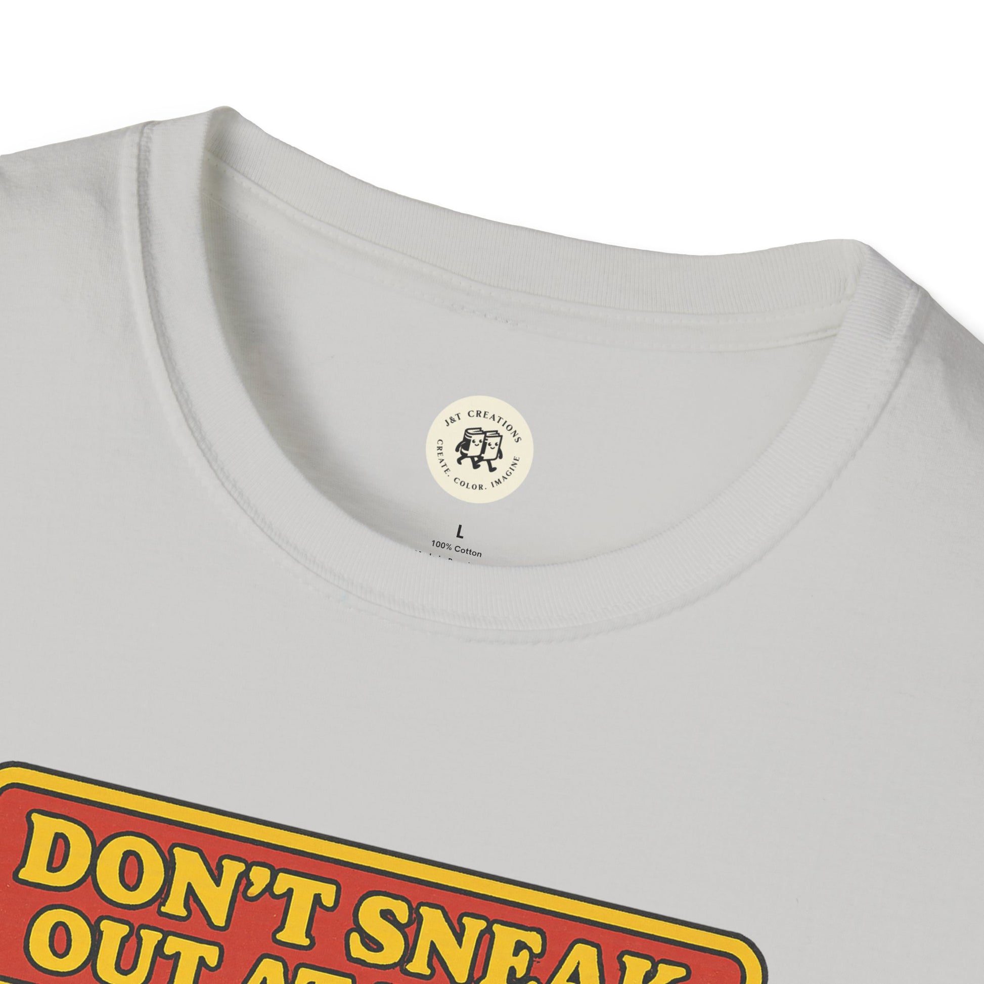 Close-up of white Printify Romeo Juliet vintage t-shirt with round neckline and vintage graphic print