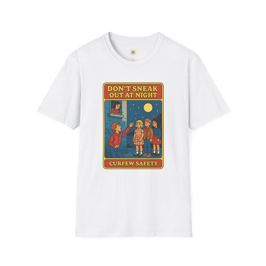 White Romeo Juliet vintage t-shirt with retro curfew safety graphic and night scene print
