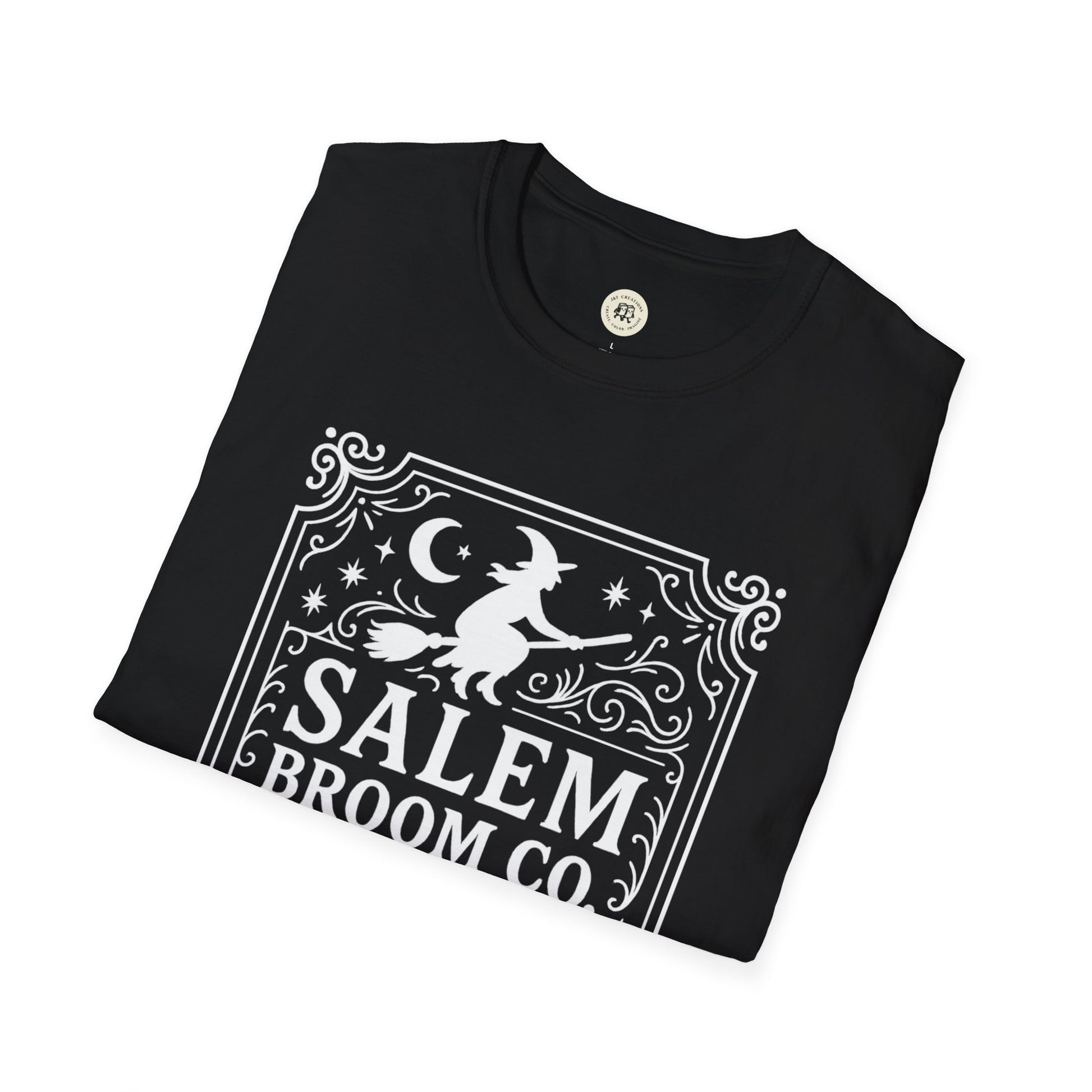 Black Salem Broom Co. t-shirt with white witch and broom design by Printify