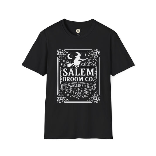 Black Salem Broom Co. t-shirt by Printify with white witch and broom graphic design