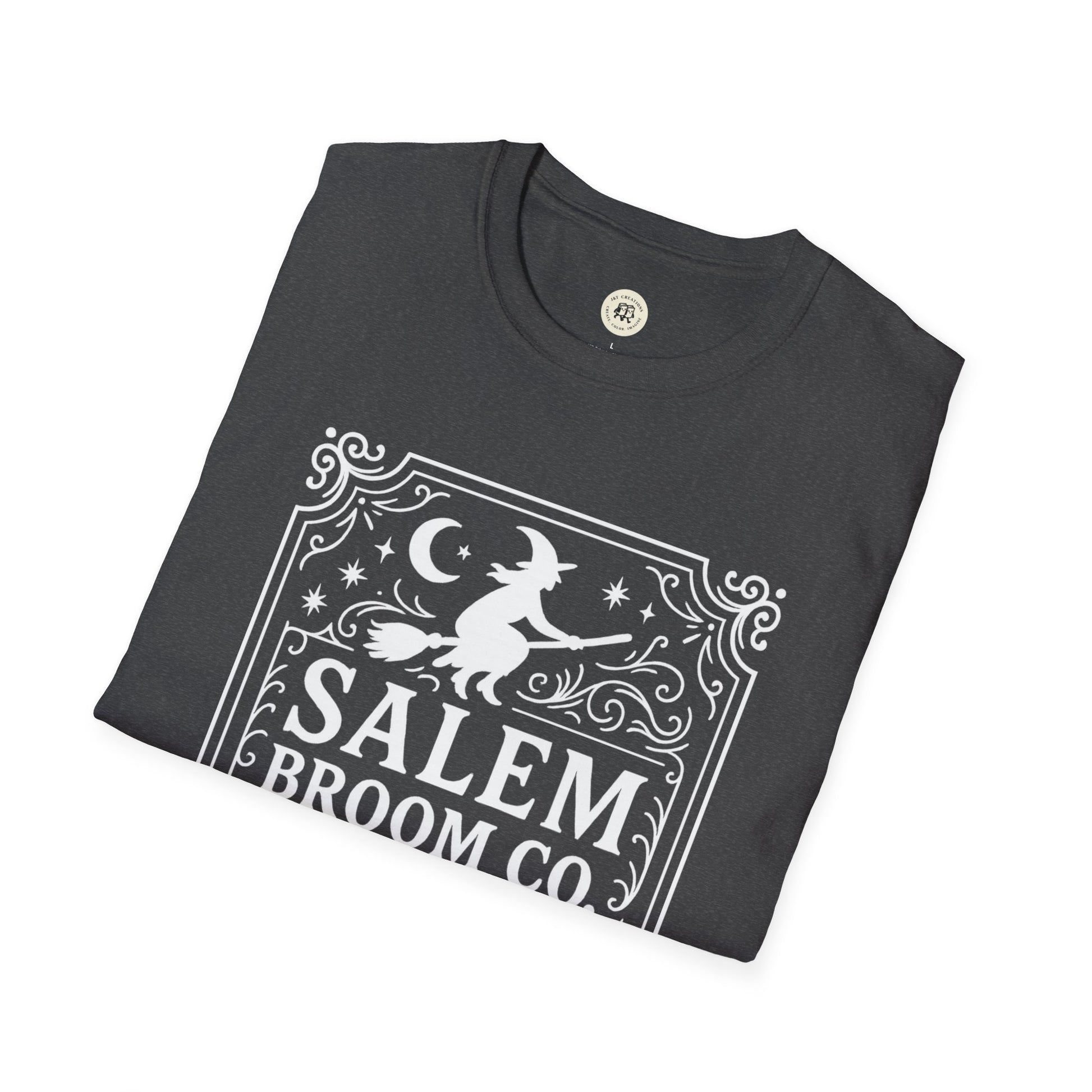 Black Salem Broom Co. t-shirt by Printify with white witch and moon graphic design