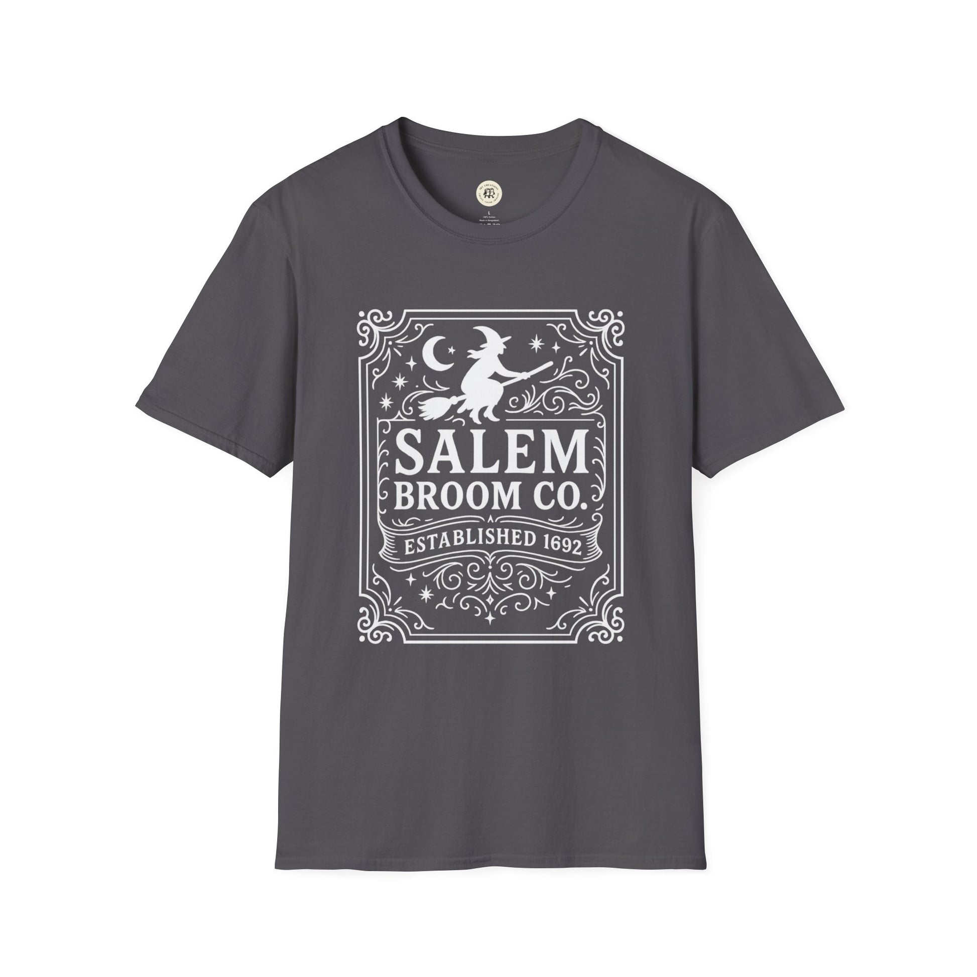 Gray Salem Broom Co. t-shirt with white witch and moon graphic printed on front