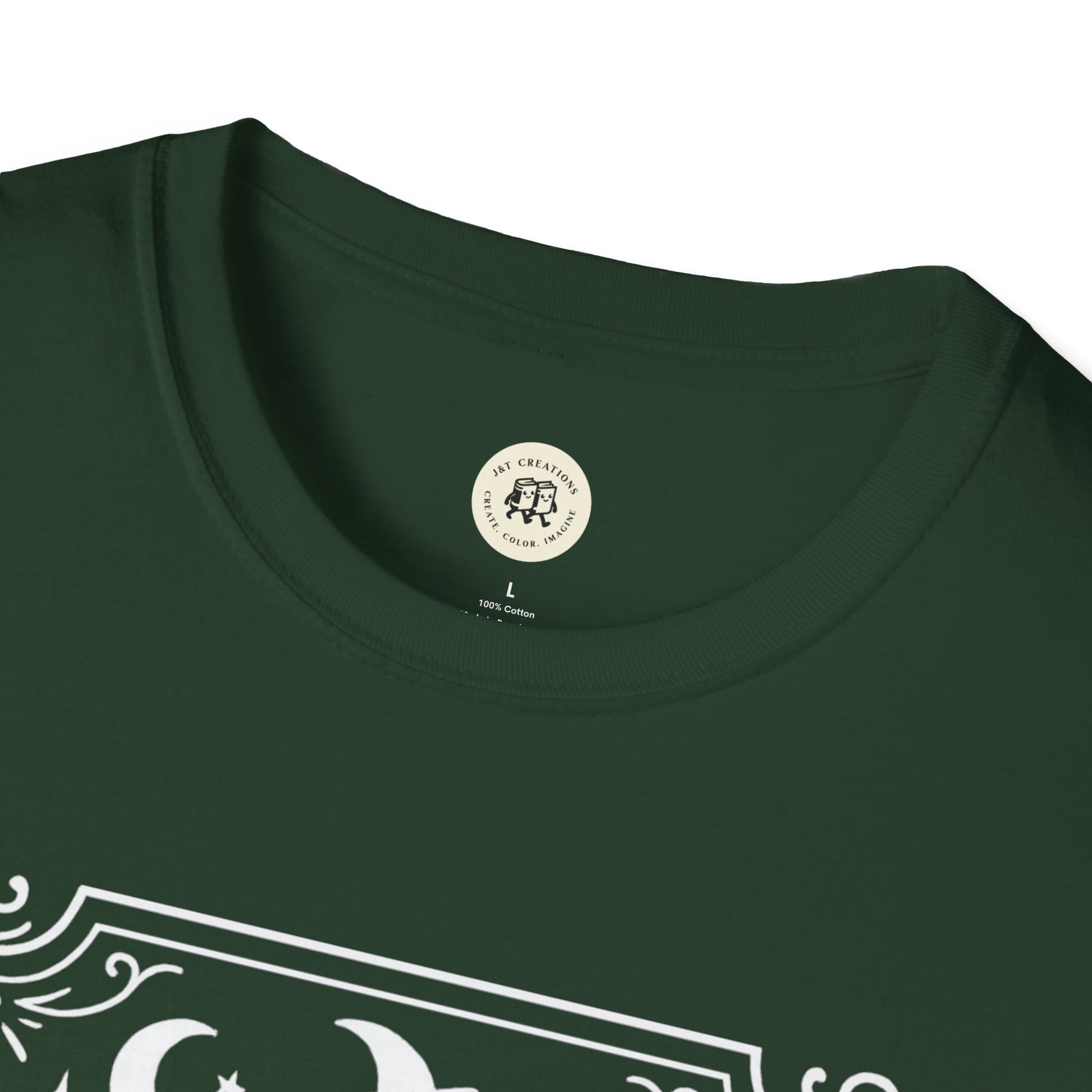 Green Salem Broom Co. t-shirt with white vintage-inspired graphic and round neckline by Printify
