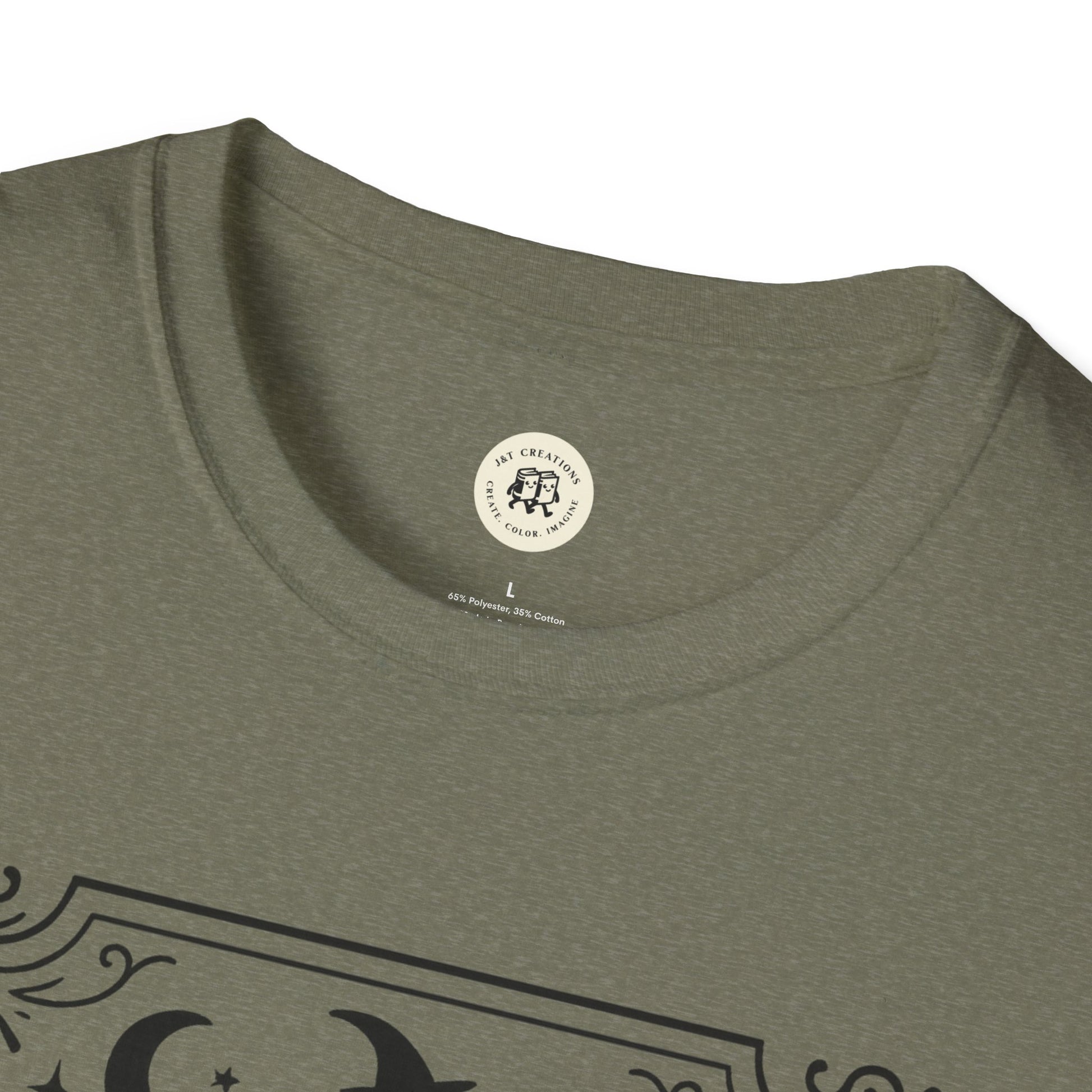 Close-up of olive green Printify witchy Halloween t-shirt showing soft fabric and round neckline