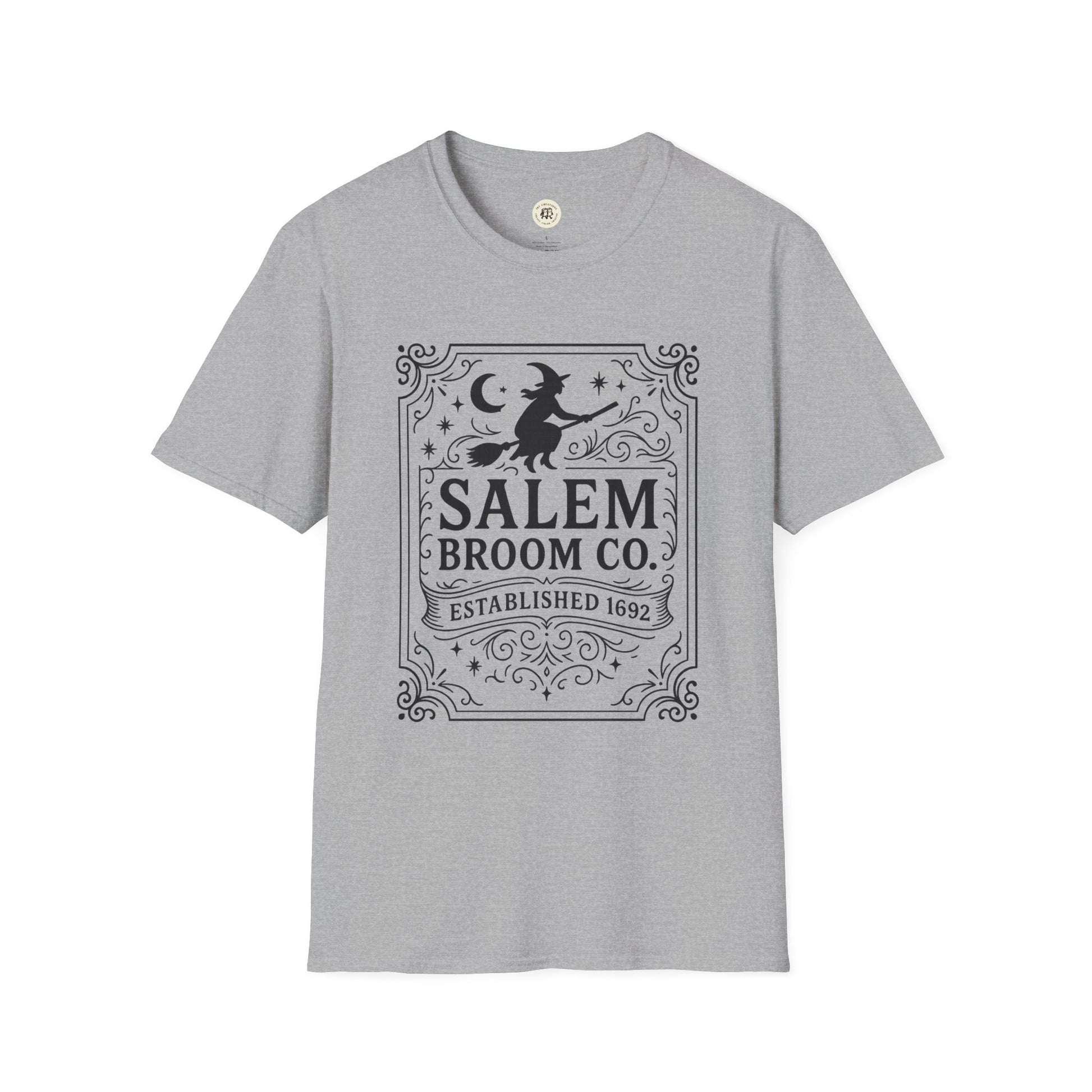 Gray witchy Halloween t-shirt with Salem Broom Co design featuring a witch on a broomstick