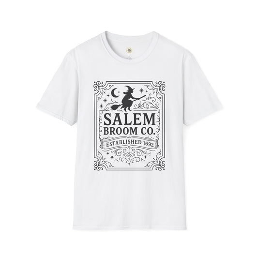 Printify white witchy Halloween t-shirt with Salem Broom Co. vintage witch and moon design