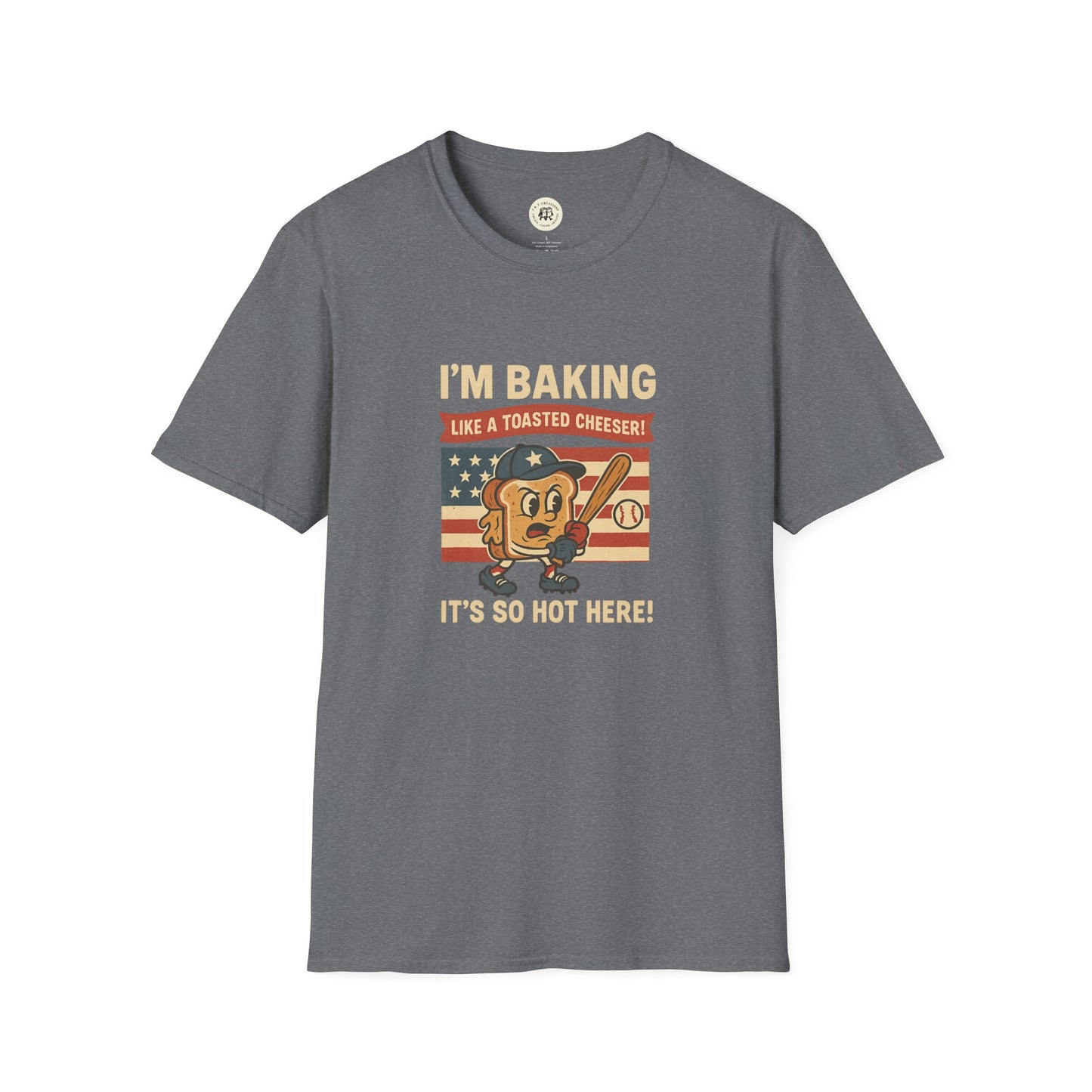 Printify sandlot inspired t shirt with cartoon toasted cheese baseball design on gray fabric