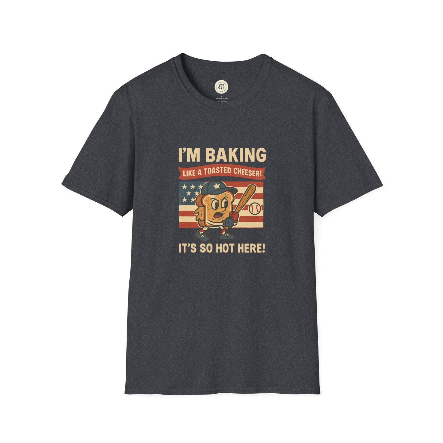 Printify black t-shirt with Sandlot inspired t shirt design of a toasted cheeser holding a baseball bat