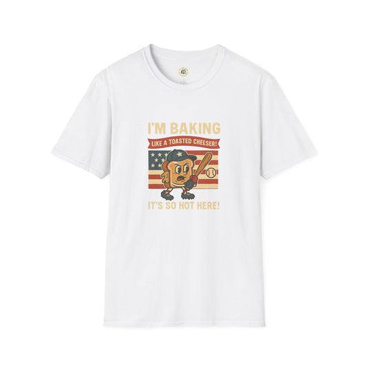 White Printify t shirt with Sandlot inspired t shirt design of a toasted cheeser holding a baseball bat