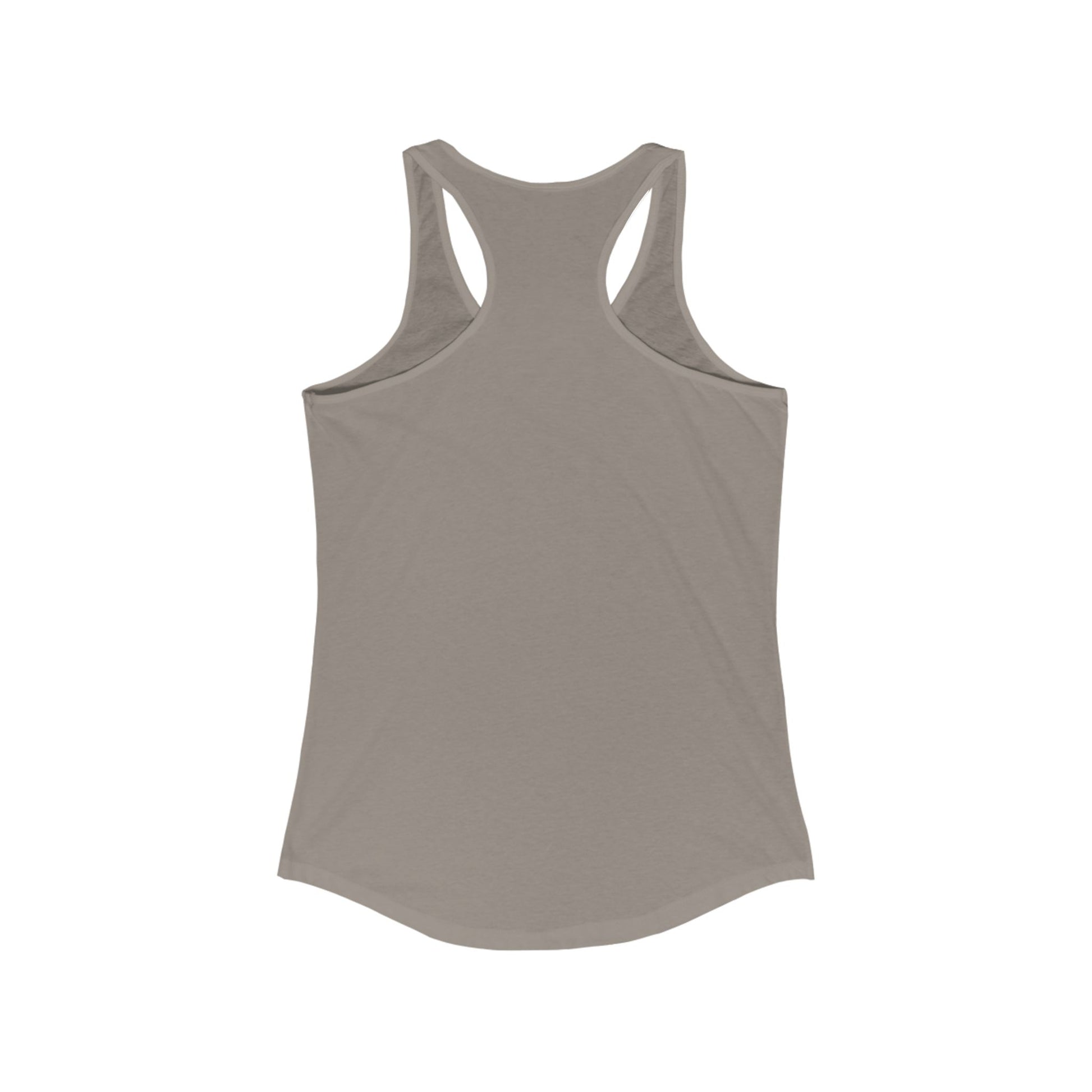 Back view of Printify grey tank top in savage not sorry racerback tee style