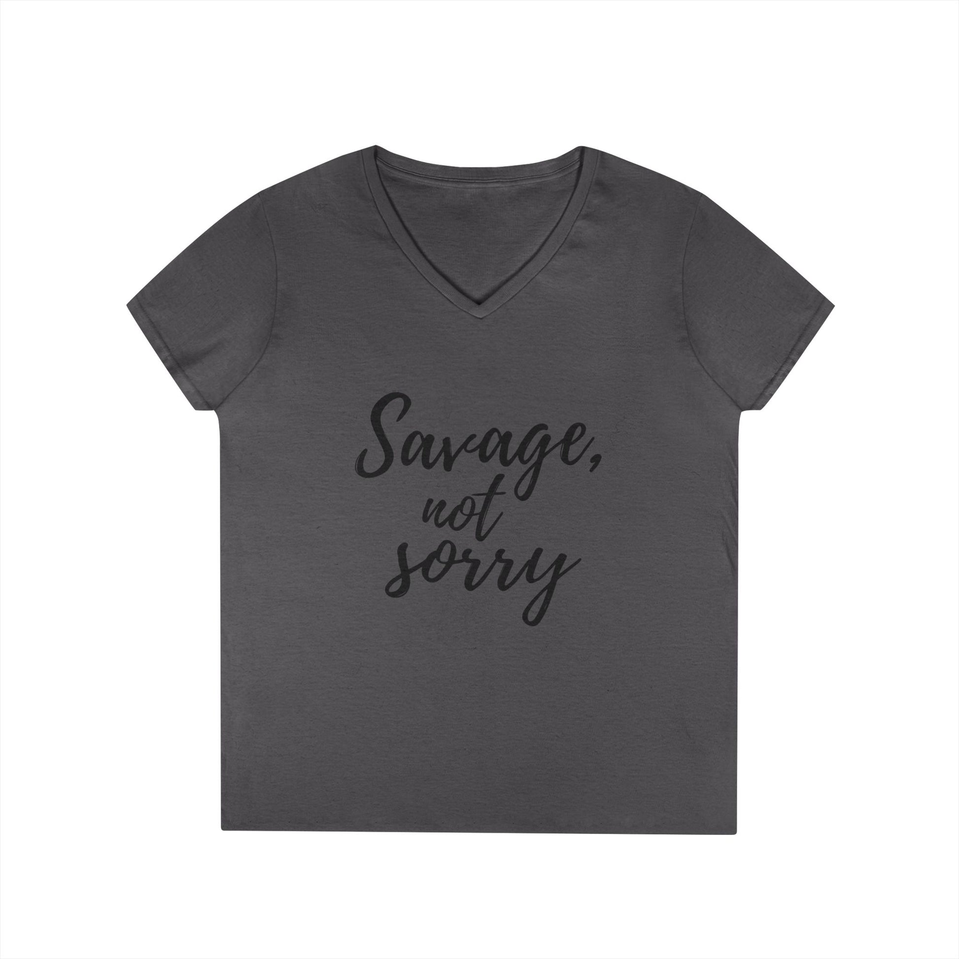 Gray savage v-neck t-shirt with Savage not sorry text print from Printify