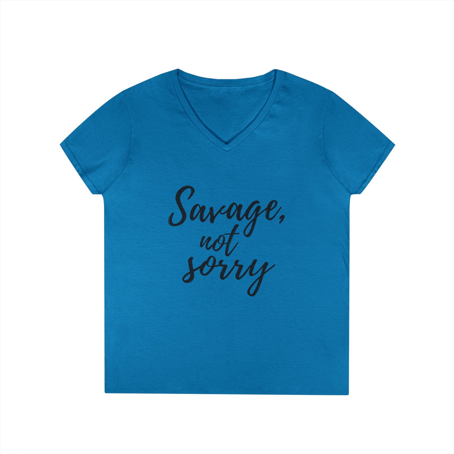 Blue Printify savage v-neck t-shirt with savage not sorry text in black script font