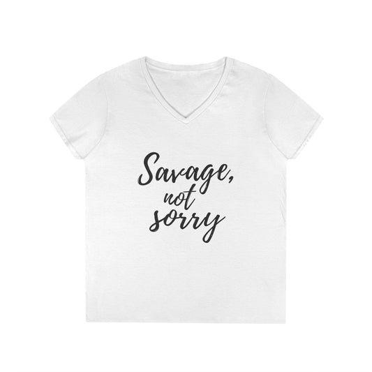 White Printify savage v-neck t-shirt with black savage not sorry text design