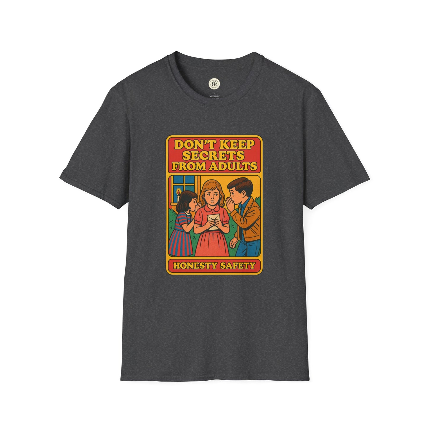 Printify black Shakespeare themed gift shirt with vintage style honesty safety graphic