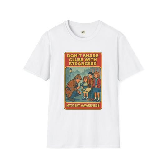 White Printify Sherlock Holmes awareness t-shirt with vintage detective illustration and mystery awareness message
