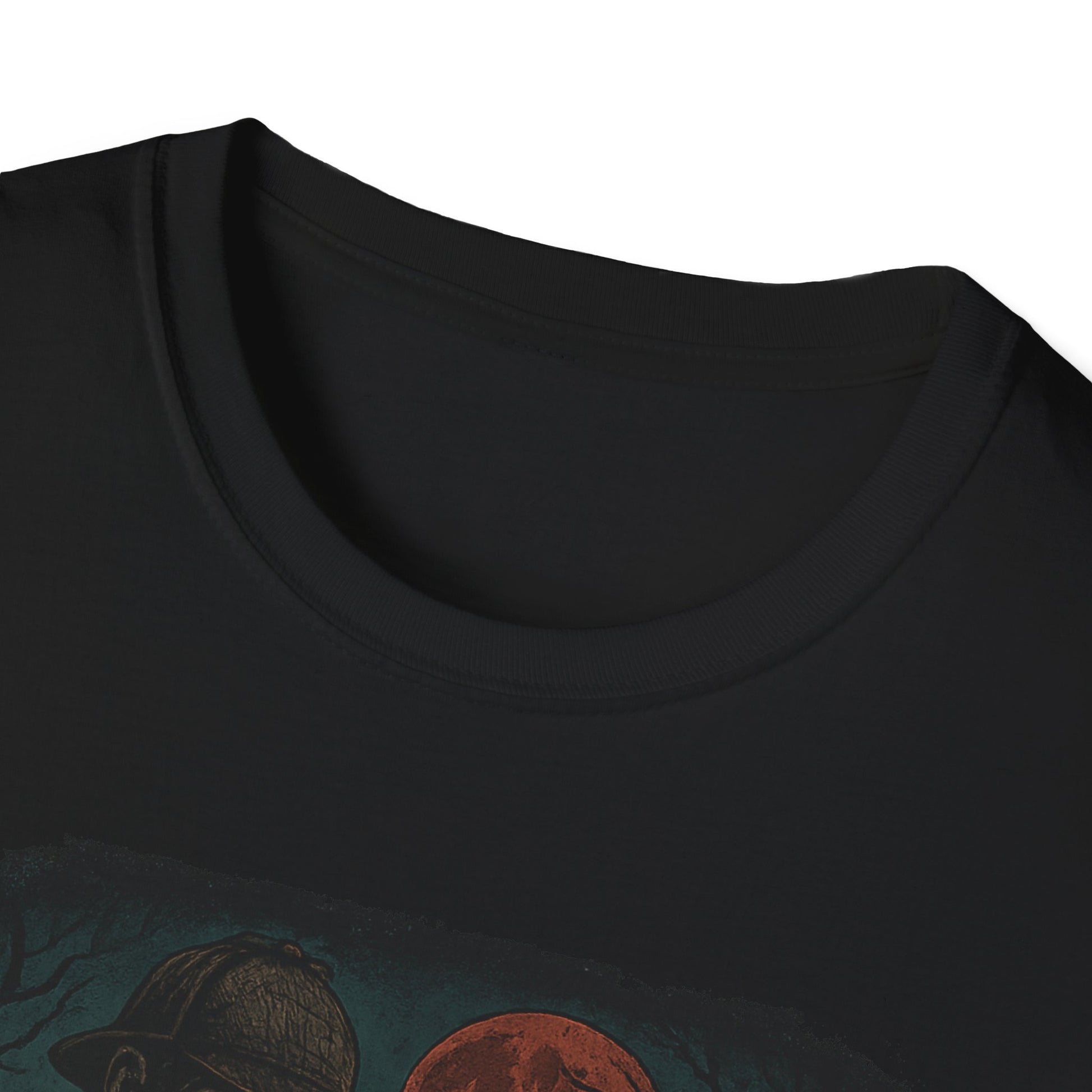 Black Printify T-Shirt featuring a Sherlock Holmes werewolf shirt design with dark eerie illustration and red moon