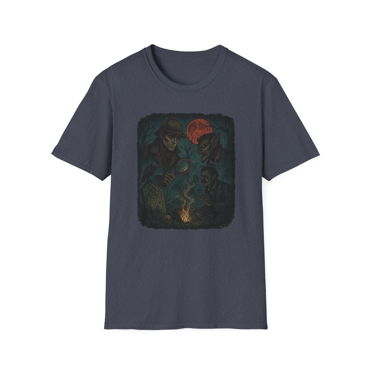 Printify Sherlock Holmes werewolf shirt with dark graphic of detective, werewolf, and red moon on navy blue tee