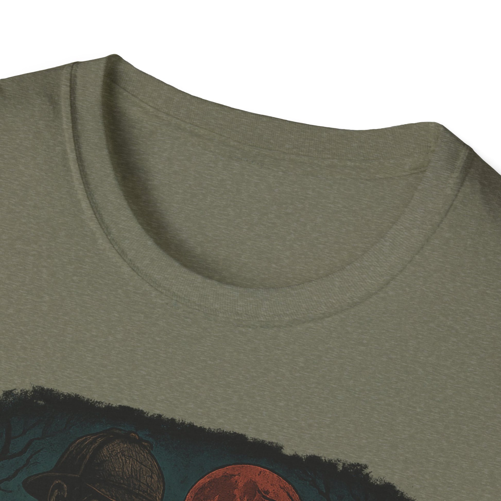 Close-up of olive green Sherlock Holmes werewolf shirt with round neckline by Printify