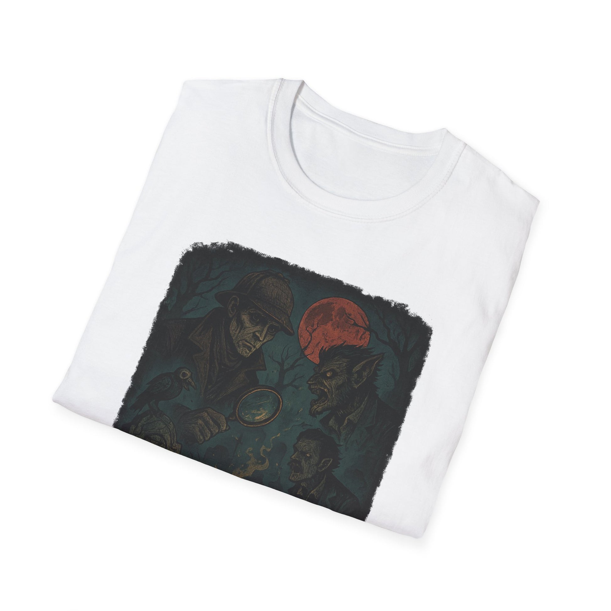 White Printify T-shirt featuring a dark graphic of Sherlock Holmes investigating a werewolf with a red moon background Sherlock Holmes werewolf shirt