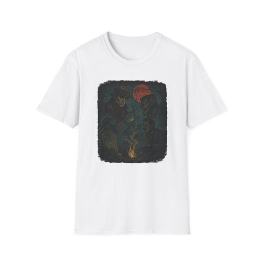 White Printify Sherlock Holmes werewolf shirt featuring dark mystery design with detective and werewolf under red moon