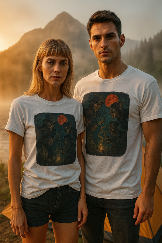 Man and woman wearing matching Sherlock Holmes werewolf shirt by Printify with dark mysterious design