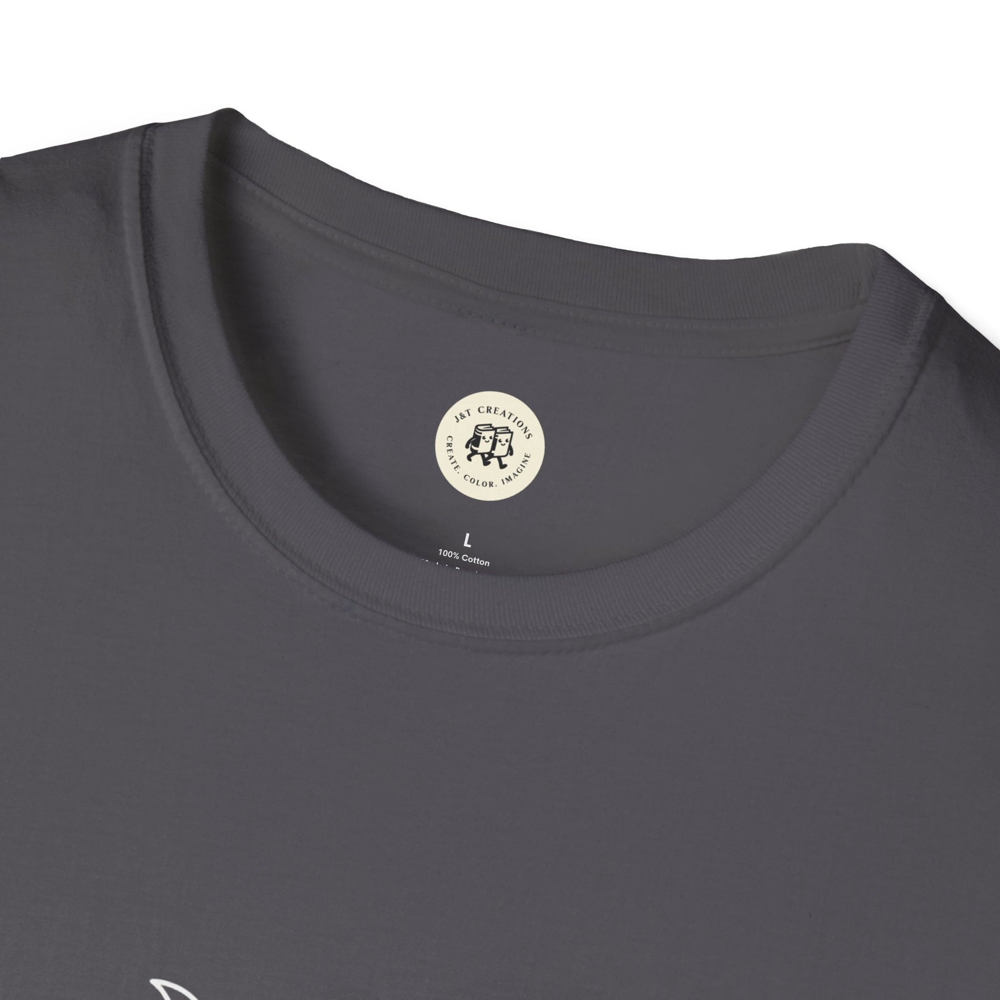 Printify witchcraft t-shirt unisex dark gray crew neck closeup showing soft cotton fabric and inner label