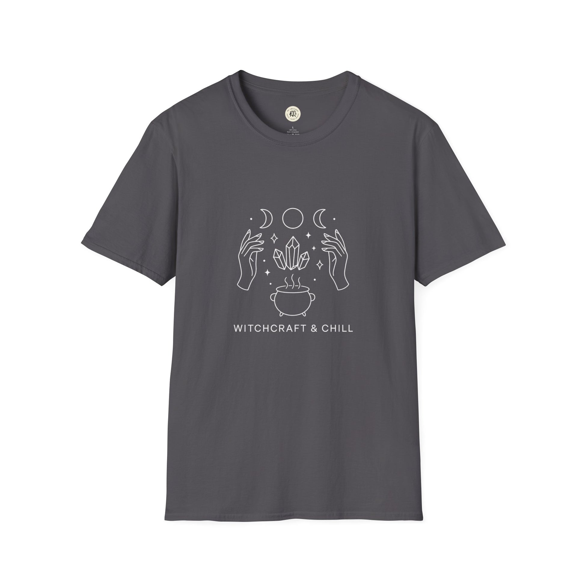 Printify charcoal gray shirt with white moon phases hands crystals cauldron Witchcraft and Chill design witchcraft t-shirt unisex