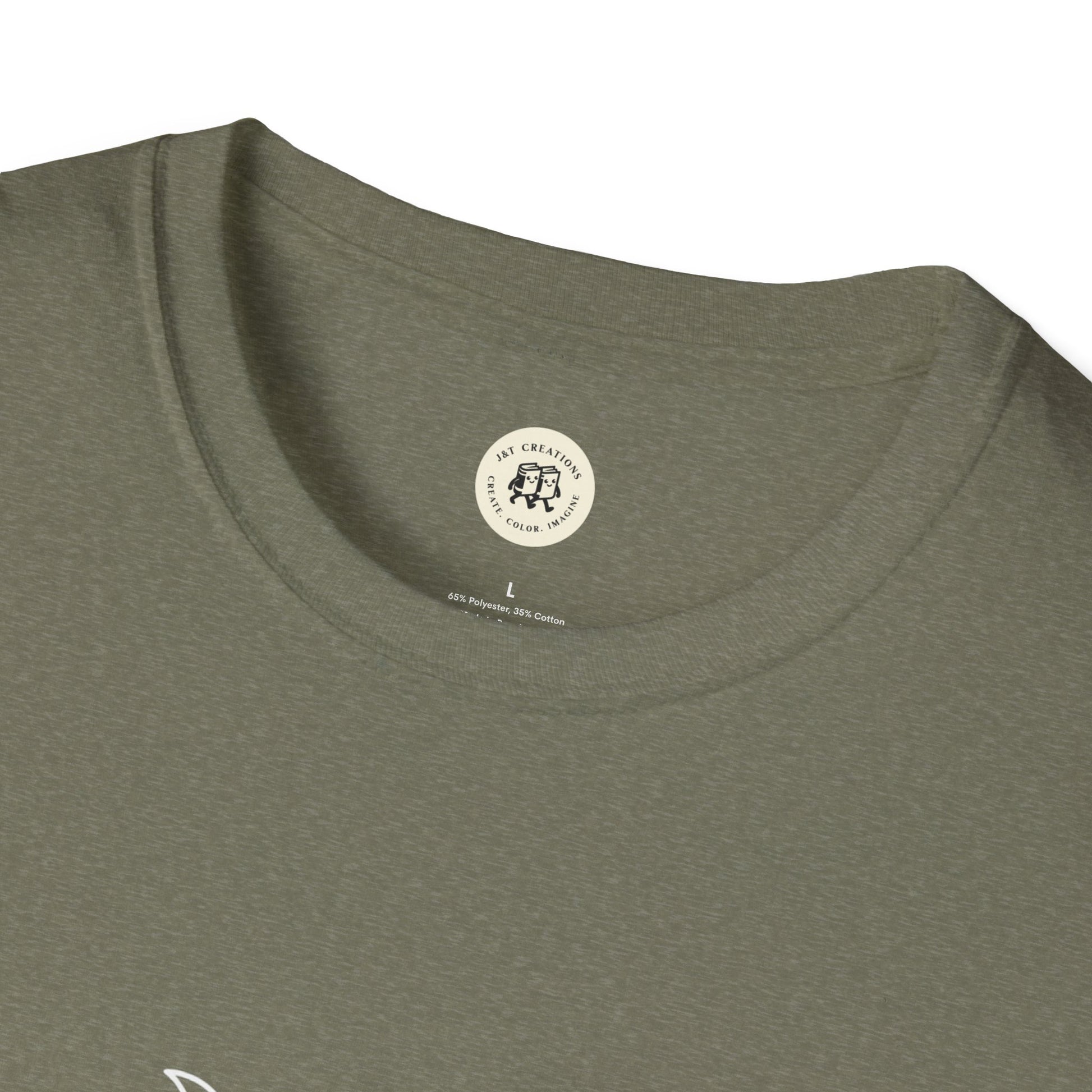 Printify olive green crewneck closeup showing neckline and label witchcraft t-shirt unisex