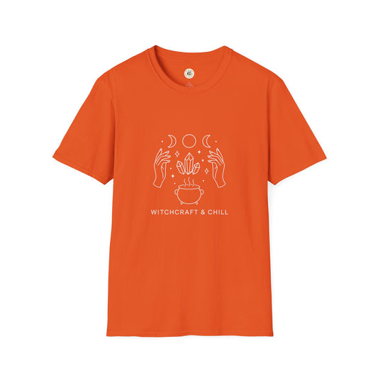 Orange witchcraft t-shirt unisex with white mystical line art of hands crystals cauldron and moon phases