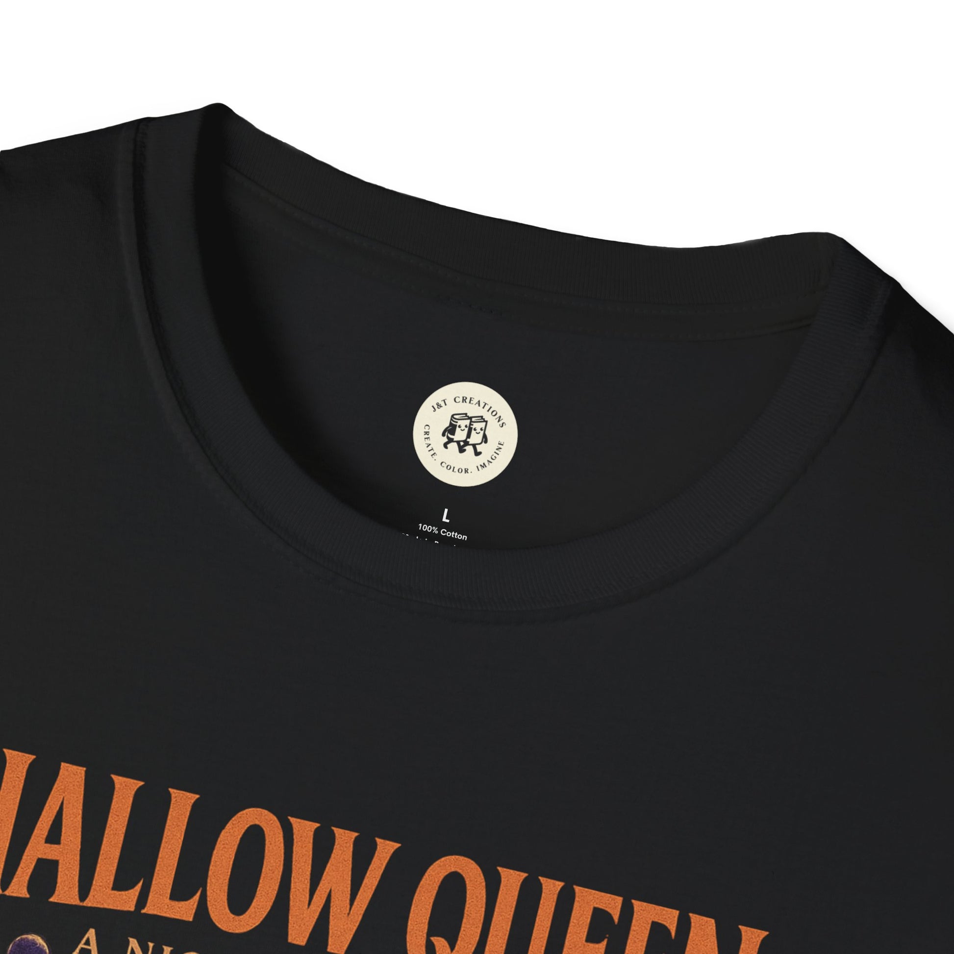 Black spooky halloween queen t-shirt from Printify with orange text design and round neckline
