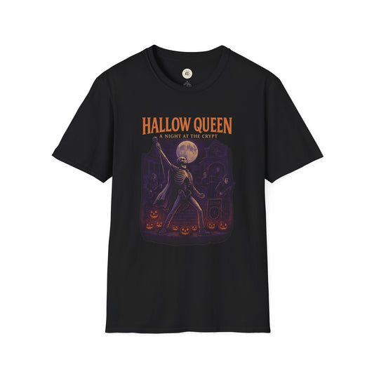 Black Printify spooky halloween queen t-shirt with skeleton and pumpkin graphic design