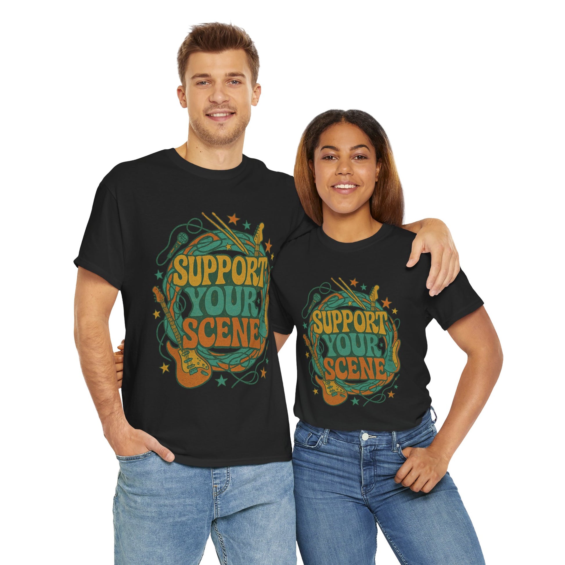 Man and woman wearing black Printify support your scene t-shirt with music-themed graphic design