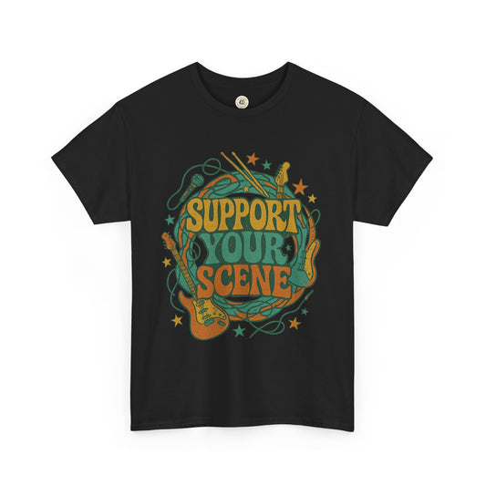 Black Printify support your scene t-shirt with vintage style guitar and music design