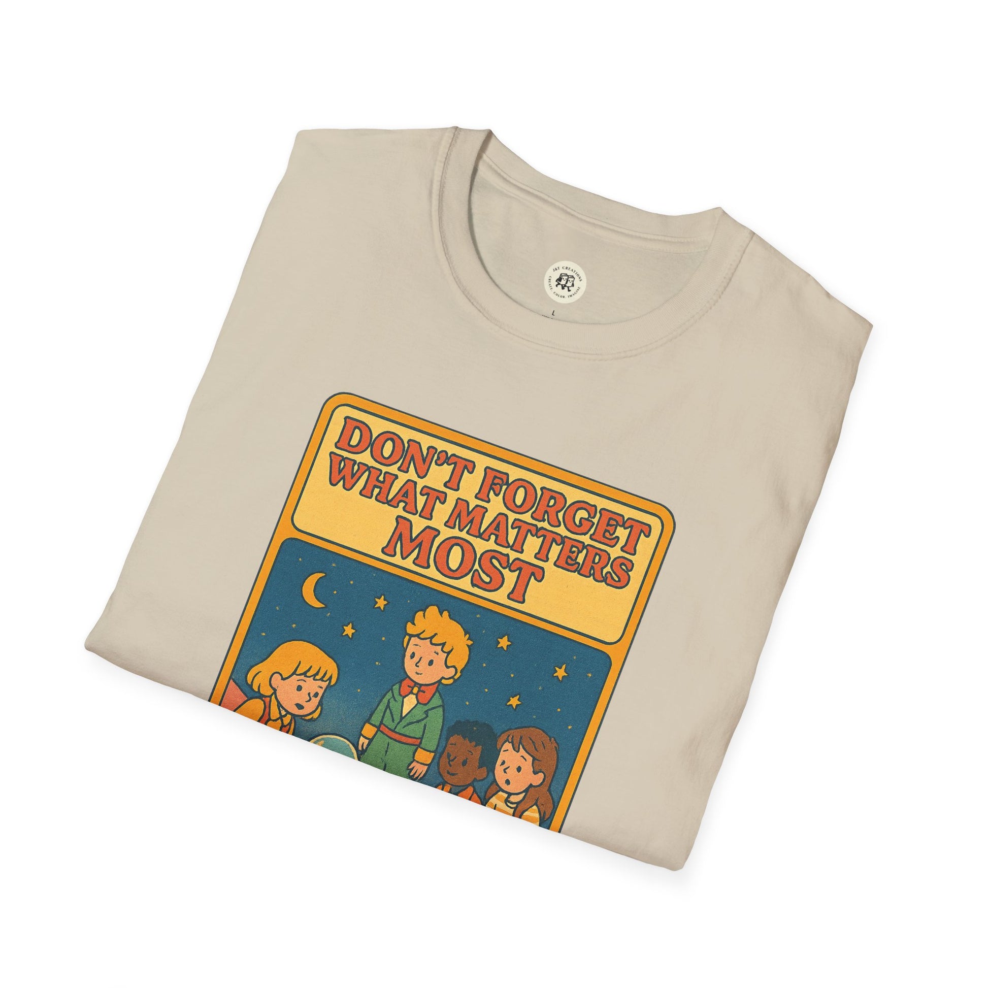 The Little Prince emotional safety shirt by Printify featuring colorful cartoon characters and positive message