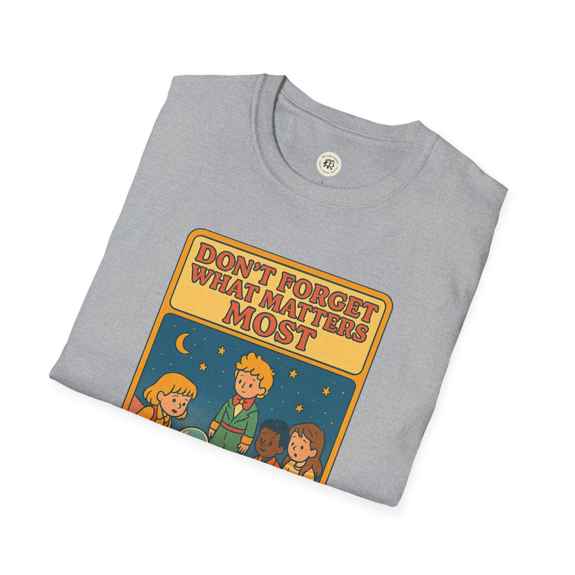 Printify gray t-shirt featuring The Little Prince emotional safety shirt design with children and stars