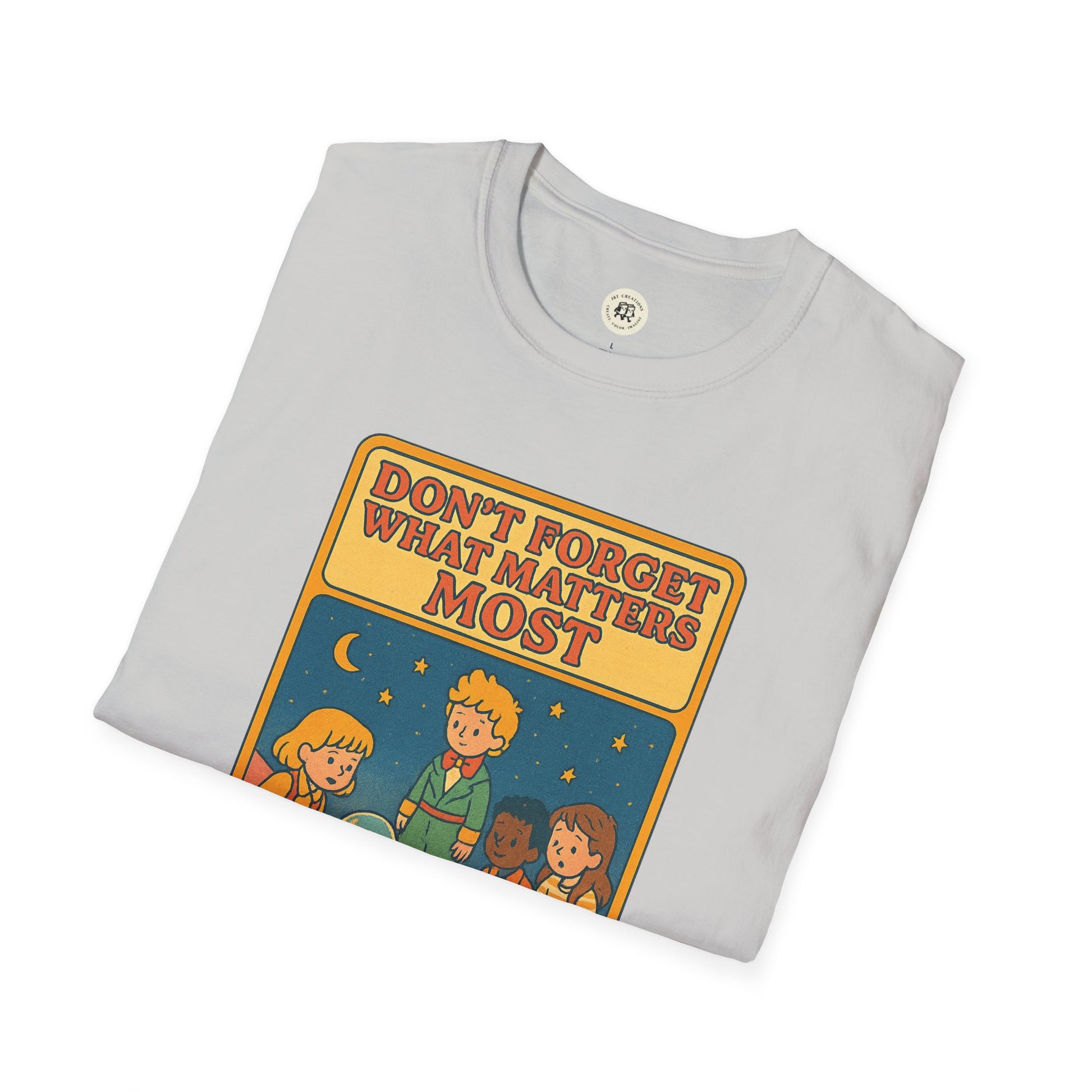 The Little Prince emotional safety shirt in light gray with colorful graphic and inspirational text