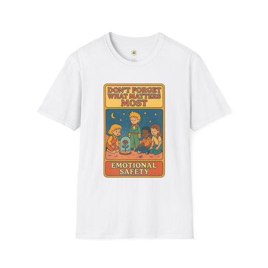 White Printify T-Shirt with The Little Prince emotional safety shirt design featuring children and a flower under a dome