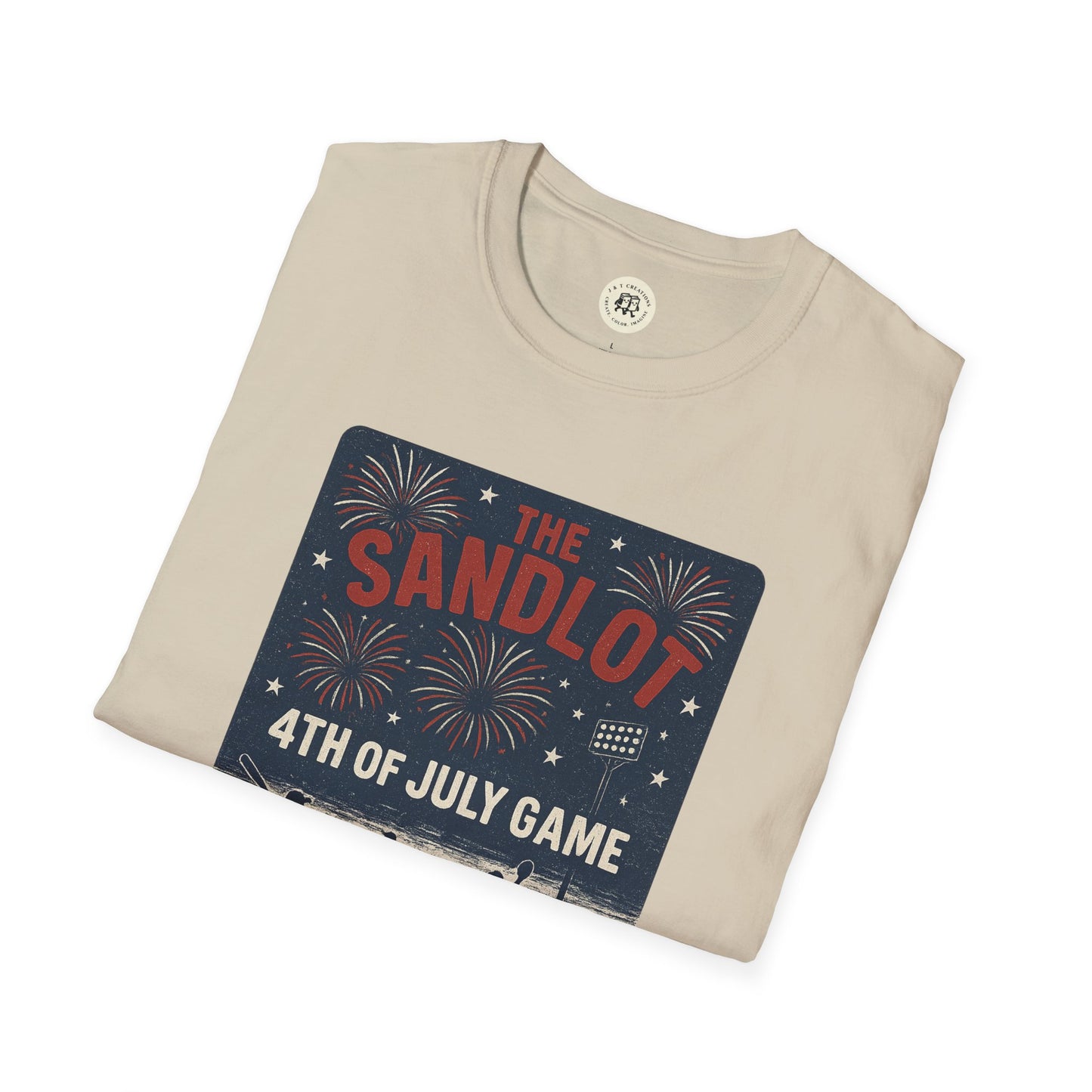 Beige Printify t-shirt featuring The Sandlot patriotic shirt design with fireworks and 4th of July game text