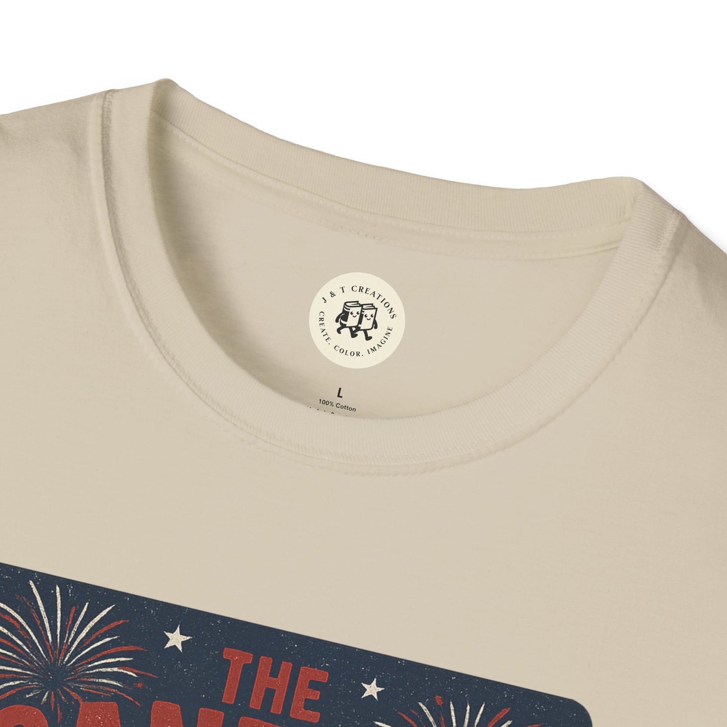 Close-up of Printify beige T-shirt with The Sandlot patriotic shirt design featuring fireworks and stars