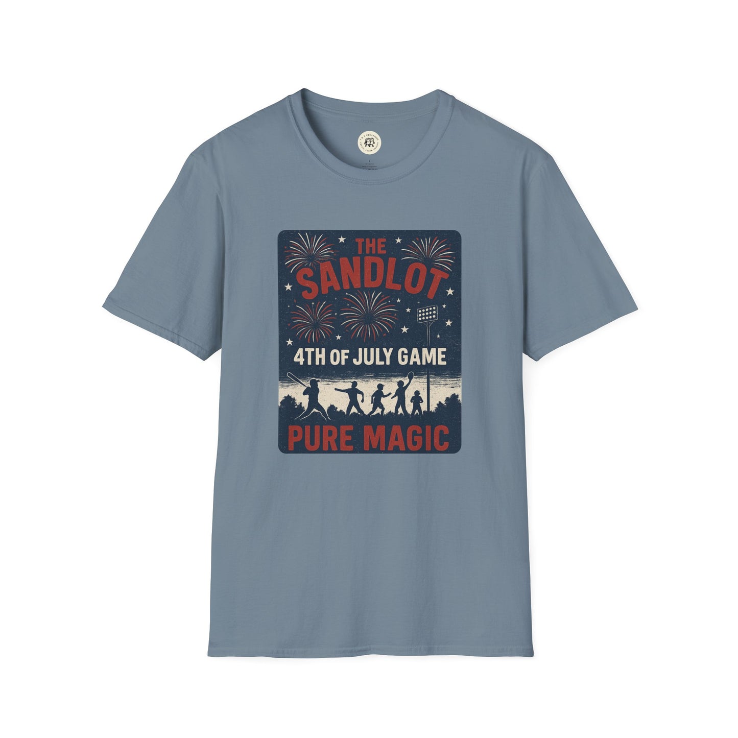 The Sandlot patriotic shirt in blue with 4th of July game fireworks design from Printify