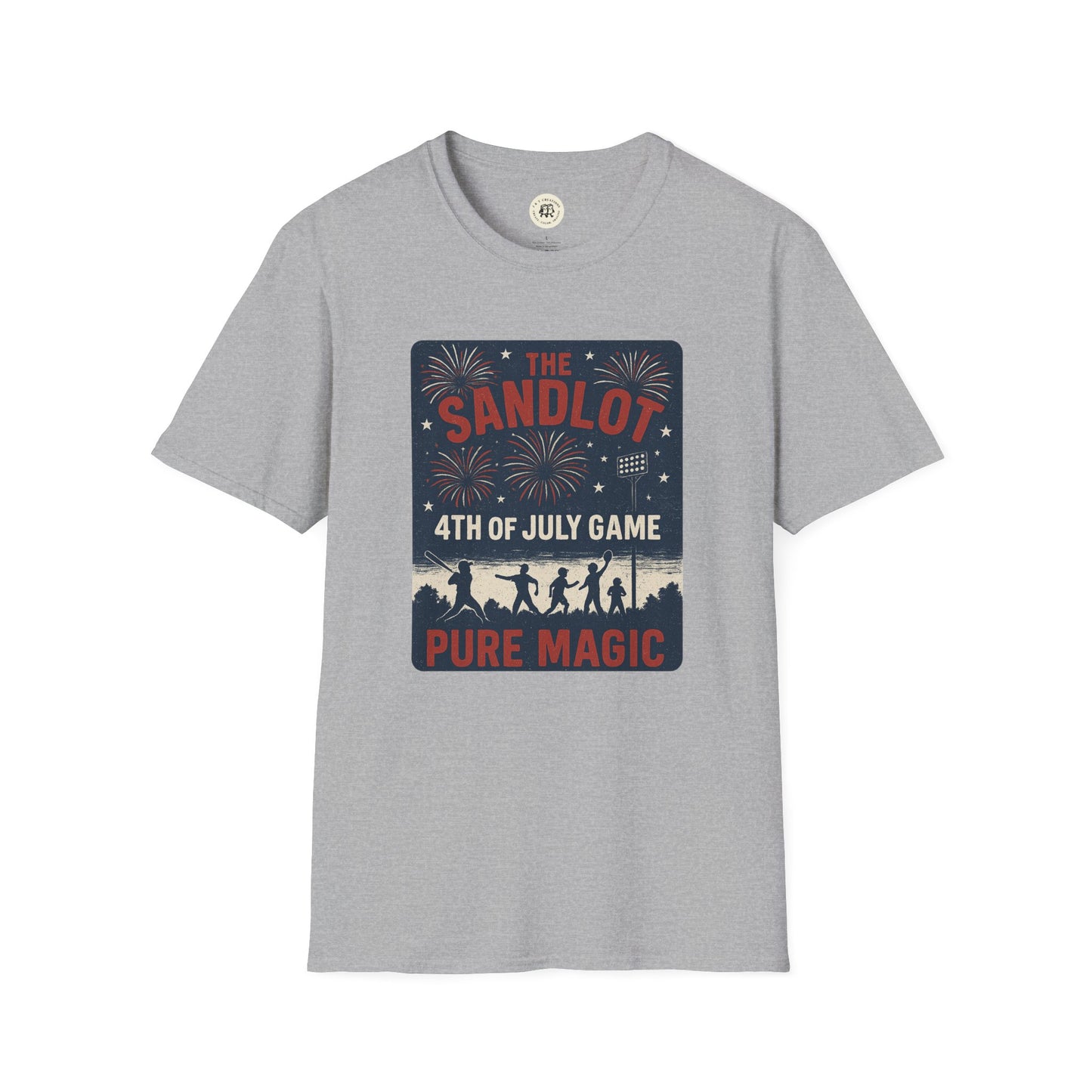 Printify gray T-shirt featuring The Sandlot patriotic shirt design with 4th of July fireworks and silhouettes