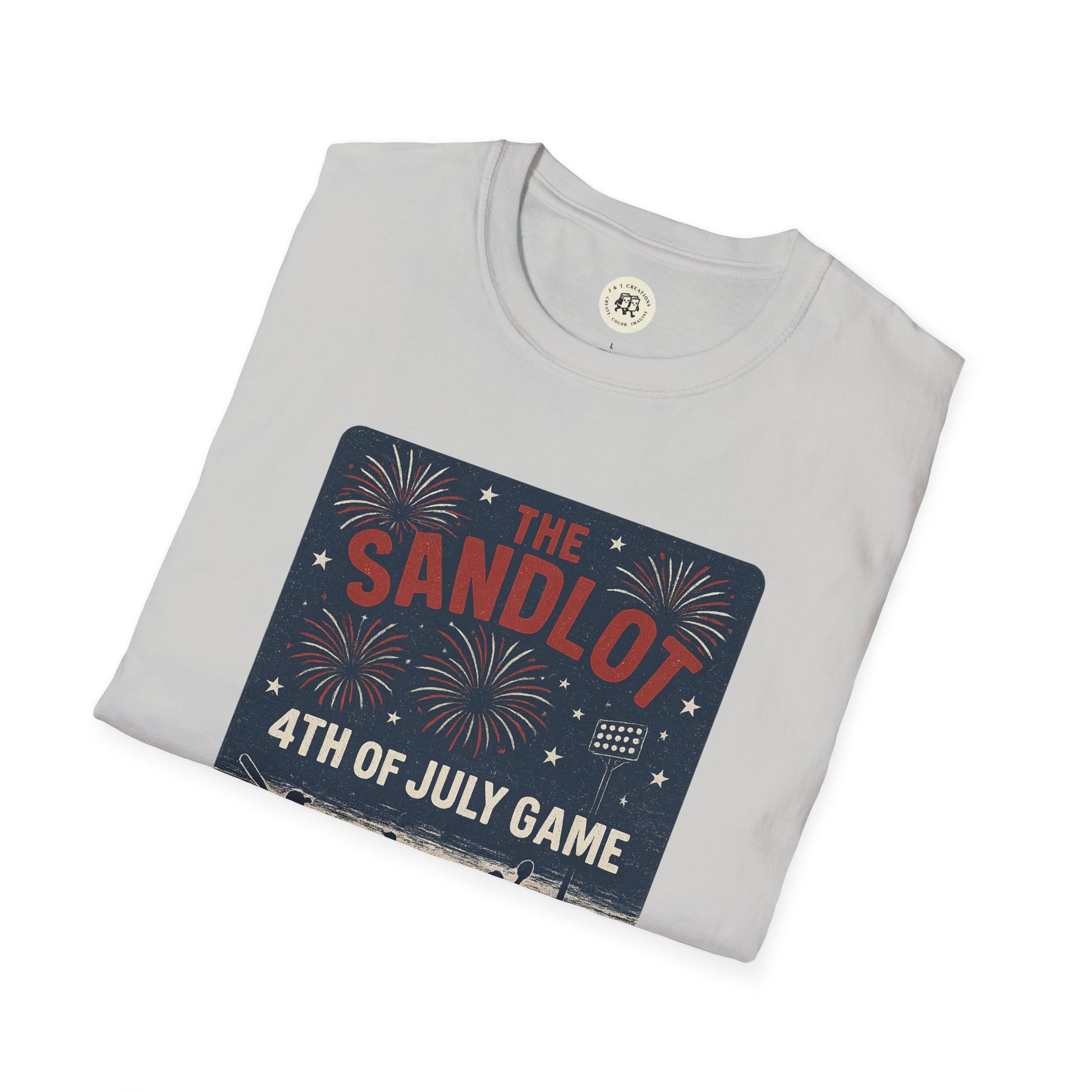 Folded Printify T-Shirt featuring The Sandlot patriotic shirt design with fireworks and 4th of July theme