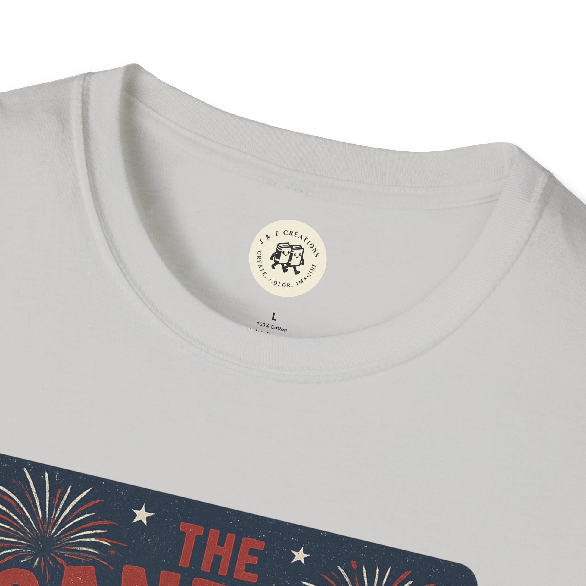 Printify white T-shirt featuring The Sandlot patriotic shirt design with fireworks and stars
